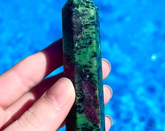 UV Reactive Ruby in Zoisite with Black Tourmaline Tower (approx. 3in)