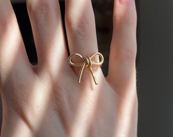 Handmade Dainty, Coquette, Minimalist Stackable Bow Wire Wrapped Ring in Tarnish Resistant 14k Gold Plated Copper