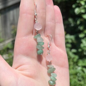 Hand Carved Rose Quartz Rose Flower Carving  With Green Aventurine Natural Crystal Chip Dangling Stem Earrings in Tarnish Resistant Silver