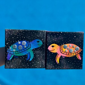 Custom, One of a Kind “Ocean in the Stars” Galaxy Sea Turtle Painting on Canvas Set (4in x 4in)