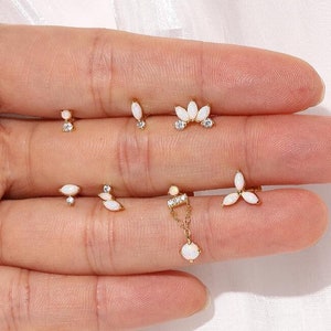 Gold Dainty Opal Flat Back Earrings | Piercing Set | Elegant White Opal and Diamond stud Earrings (One Single Piece)