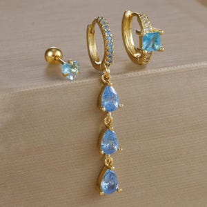 3-teiliges Blaues Edelstein Tropfen Ohrring Set, Zierliche Gold und Silber Ohrringe, Huggie Hoop Ohrring, Jeden Tag Ohrring Piercing Stack, Ohrstecker