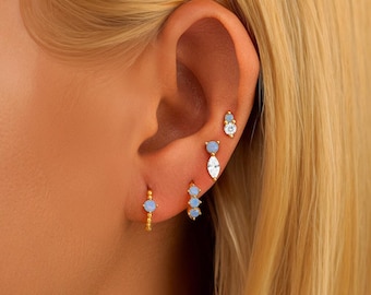 Light Blue Flower Gemstone Earring Set, Dainty Gold Plated Flower Earrings, Huggie Hoop Earring, Everyday Earring stack