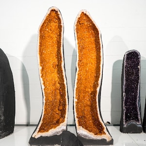 Pair of Sculptural Large AAA Citrine Geodes, 4.5 Ft. Tall and Symmetrical with Sparkly Golden Orange Druzy, 452 Lb.