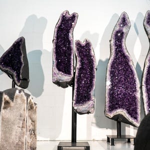 Sculptural Pair of Amethyst Geodes Set on Custom Stands, 6.6 Ft. Tall, Premium Deep Purple Amethyst Crystal, X-Large Decorative Crystal