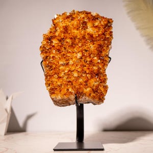 AAA-Grade Citrine Cluster with Sparkly Intense Orange Druzy and Aesthetical Formation, Set on a Custom-Made Stand - 13.8 In - 9.2 Lb