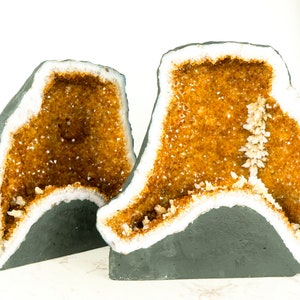 Pair of Citrine Geodes Cave with Orange Druzy Crystals and Calcite Flowers - 58 Lb.