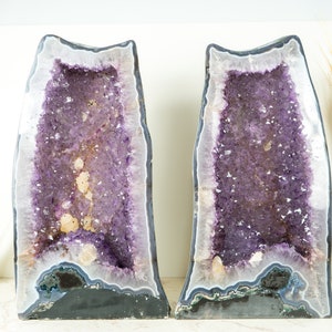 Pair of Large Amethyst Geode Cathedrals with Shiny, Saturated Lavender Purple Amethyst and Polished Back - 22 In - 128 Lb