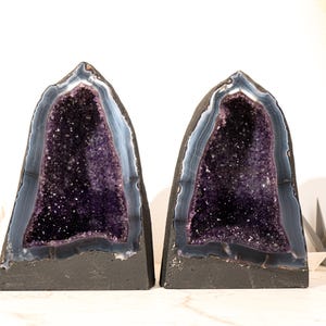 Collector-Grade Pair of Deep Purple Amethyst Geodes on Intact Blue Lace Agate Matrix - Energetic, High-End Crystal - 61 Lb, 28 Kg