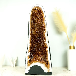 Sculptural Citrine Geode Cathedral with High-Grade Madeira Citrine on White Agate Matrix – Large 80 lb, 27 in Tall