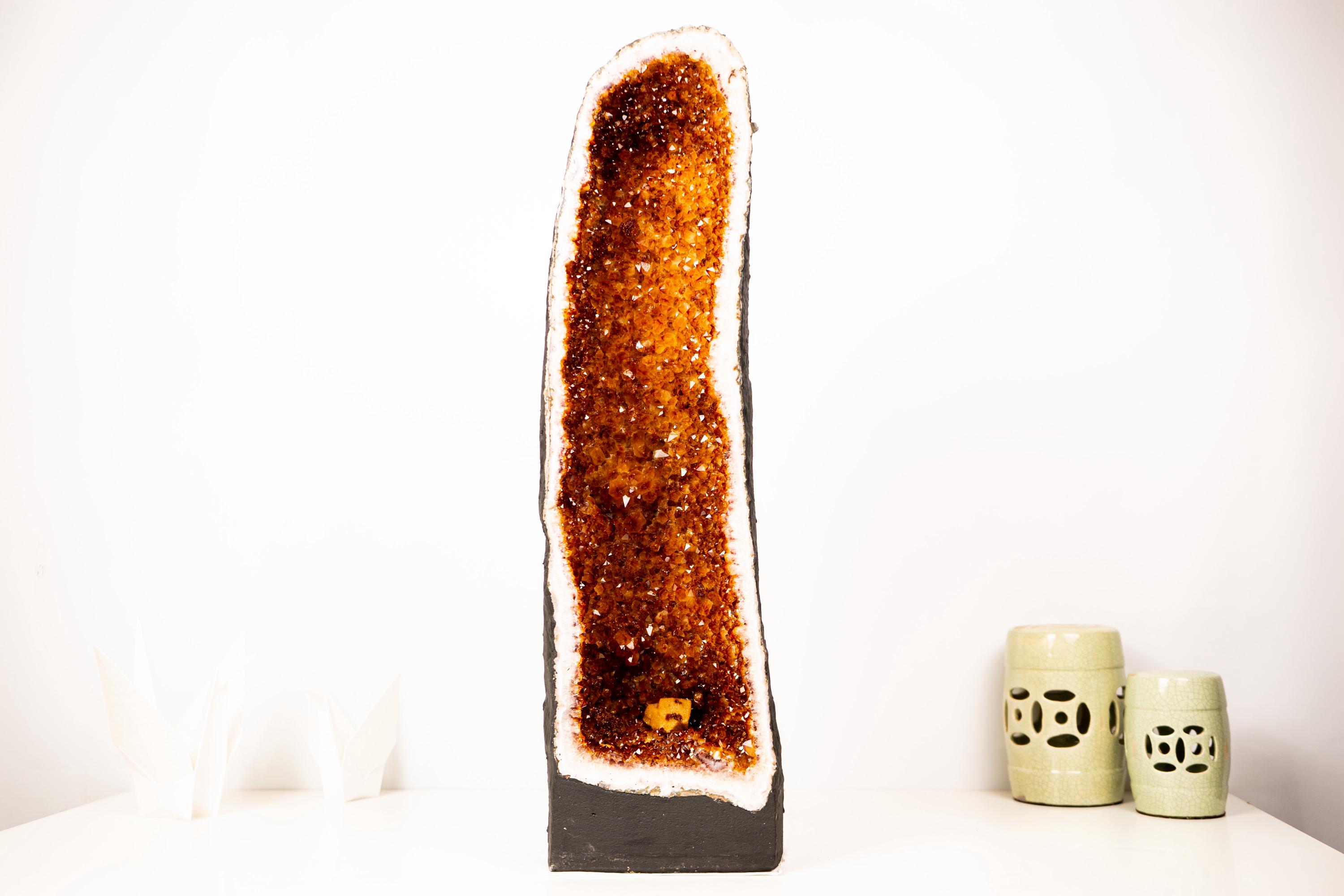 Large Madeira Citrine Geode Cathedral with Galaxy Crystal Druzy on Cubic Calcite – Statement Display Specimen 27 in Tall, 54 lb