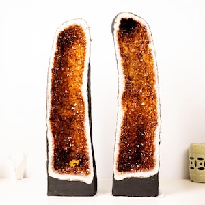 Pair of Large Madeira Citrine Geodes in Cathedral Format with Sparkly Deep Orange Druzy – Statement Display Specimens 29 in Tall, 103 lb