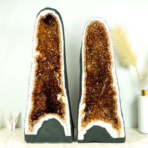 The King and Queen Pair of Citrine Geode Cathedrals with High-Grade Madeira Citrine on White Agate Matrix – Large 169 lb, 31 in Tall