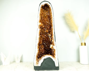 Sculptural Citrine Geode Cathedral with High-Grade Madeira Citrine on White Agate Matrix – Large 89 lb, 31 in Tall
