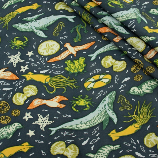 Marine Deep Blue, The Wild Coast, by Mustard Beetle for Birch Organic Cotton, Fabrics by the Yard