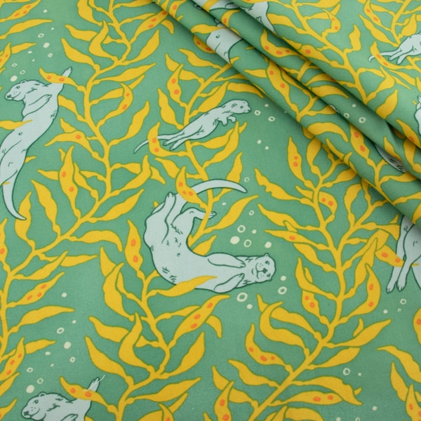 Otters Mid Blue, The Wild Coast, by Mustard Beetle for Birch Organic Cotton, Fabric by the Yard or Half Yard