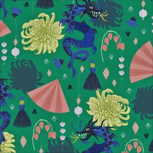 Fierce Green, Dragons & Lanterns, Cloud9 Fabrics, Organic Cotton, Fabric by the Yard or Half Yard