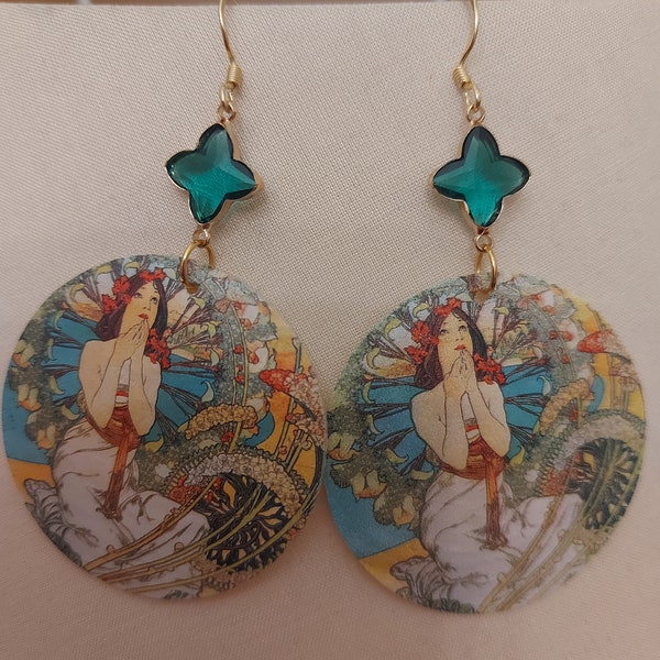 Round pendant earrings Alphonse Mucha Monaco Montecarlo advertising poster in mother-of-pearl, glass and steel