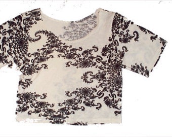 Ameba mujer manga corta crop camisa seda pantalla fractal tinta negra en off algodón blanco jersey tela XSmall
