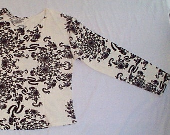 Camisa de manga larga para mujer Ameba, serigrafía fractal con tinta negra sobre tela de seda cruda, tamaño pequeño