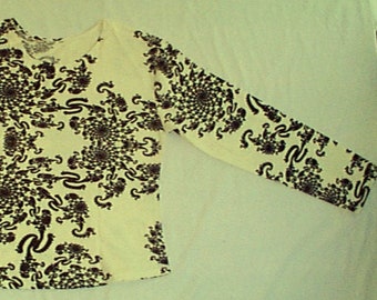 Camisa de manga larga para mujer Ameba, serigrafía fractal, tinta negra sobre tela gris y verde, talla pequeña