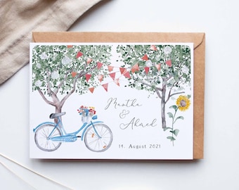 Personalisierte Hochzeitskarte "Garten und Fahrrad"