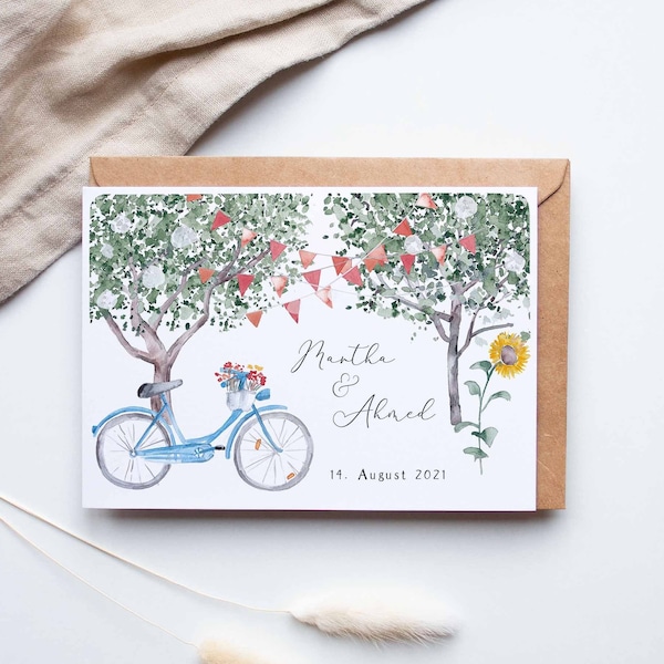 Personalisierte Hochzeitskarte "Garten und Fahrrad"