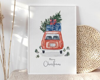 Christmas art print "Car with gifts"