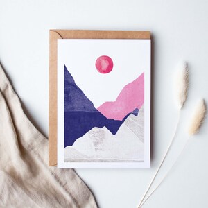 Wenskaart "landschap roze blauw"