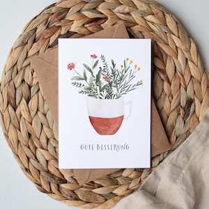 Carte pliée "Get well soon" Coupe aux fleurs en terre cuite