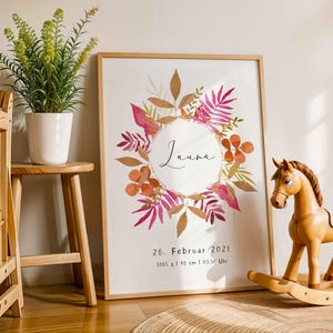 Kunstdruck "Geburtsposter Blätterkranz" | Kinderzimmer | Geburtsdaten | verschiedene Größen | personalisierbar | Boho