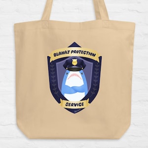 Cute Shark Blahaj Protection Service Eco Tote Bag | Kawaii great white parody funny canvas ecofriendly grocercies