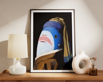 Blahaj Blue Shark Funny Parody Poster | The Girl with Pearl Earring Unique Wall Art