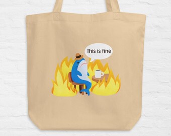 Blahaj shark 'This is fine' Funny Meme Eco Tote Bag | Organic Cotton Everyday Bag