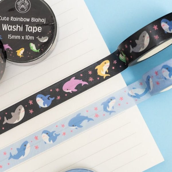 Cute Shark Blahaj Washi Tape | Kawaii Underwater Rainbow Blue Great White Sharkies Flower Stationary Planner Scrapbook Bullet Journal Tape