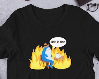 Blahaj Shark "This is Fine" Meme T-Shirt: Funny Unisex Tee