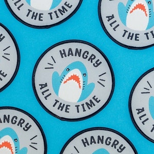 Parche bordado termoadhesivo tejido Blahaj Shark Hangry All The Time para prendas de vestir