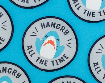 Toppa ricamata termoadesiva Blahaj Shark Hangry All The Time per abbigliamento