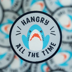 Blahaj Cute Shark Hangry all the time Woven Embroidery patches | Foodie Patch Animal Iron On Badge Backpack Tote Bag Jean Accessories Gifts