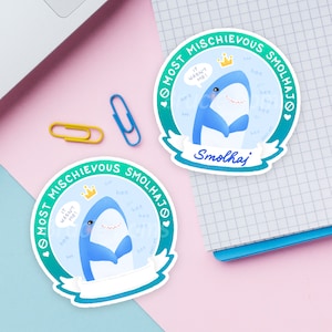 Cute shark Blahaj: Most Mischievous Smolhaj Badge Sticker | water resistant kawaii fun custom personalized kids laptop vinyl decal label