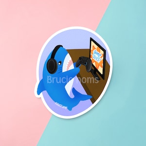 Lindo tiburón Gamer Blahaj pegatinas brillantes / Juego sobre linda calcomanía de computadora portátil de arte, etiqueta resistente al agua, tiburón bebé, regalo de vinilo para niños