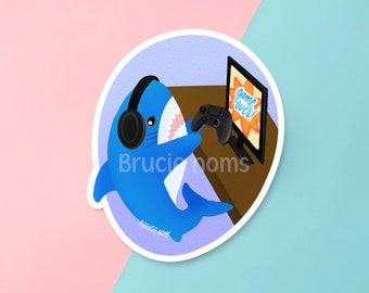 Pegatina impermeable de tiburón Gamer Blahaj / Arte de ternura de Game Over