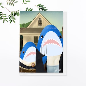 Amerikanische Gothic Blahaj Parodie Kunst Grußkarte | berühmte Satire Spaß Malerei ikea Baby Hai Diner niedliche Kunst kawaii Hai Parodie Postkarte