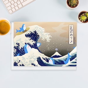La grande vague de Brucie carte de vœux | Carte postale mignonne parodie de requins peignant la grande vague satire japonaise célèbre amusante bébé kawaii carte postale