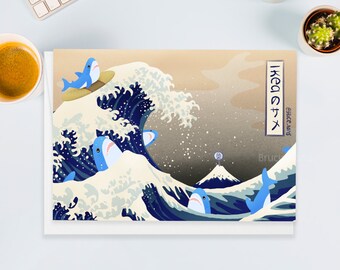 The Great Brucie Wave Greeting card | Blahaj Cute sharks parody painting great wave japanese famous satire fun kawaii baby funny postcard