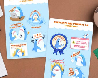 Corporate Blahaj Shark Work Sticker Sheet | Funny Office Meme, Waterproof Vinyl