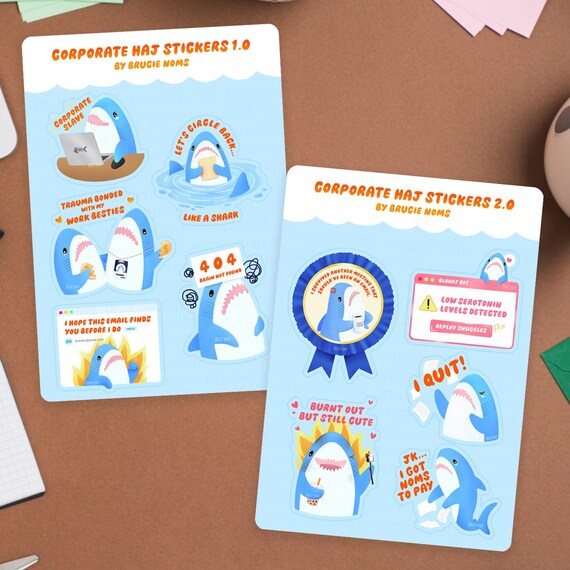 Cute Blahaj Sharks Corporate Haj Work Sucks Sticker Sheet | Vinyl glossy kawaii office meme funny stationary waterproof laptop decal