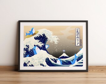Blahaj Shark The Great Wave Parody Painting Poster | Japanese Whimsical Unique Wall Art