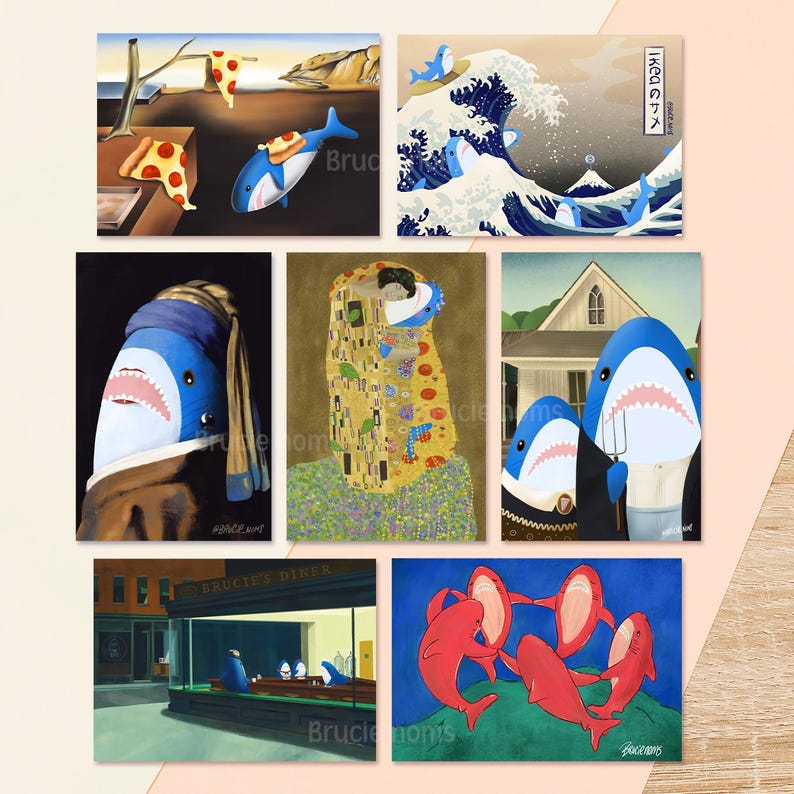 Grid of seven kawaii shark parody art prints reimagining famous paintings, including The Great Wave, Nighthawks, American Gothic, and The Kiss, with a blue plush shark as the subject