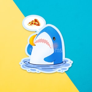 Süßer Hai Blahaj ruft nach Pizza wasserfester Aufkleber | Cuteness Laptop Vinyl Aufkleber, Kawaii Lustige Foodie Geschenke Wasserfest Etikett